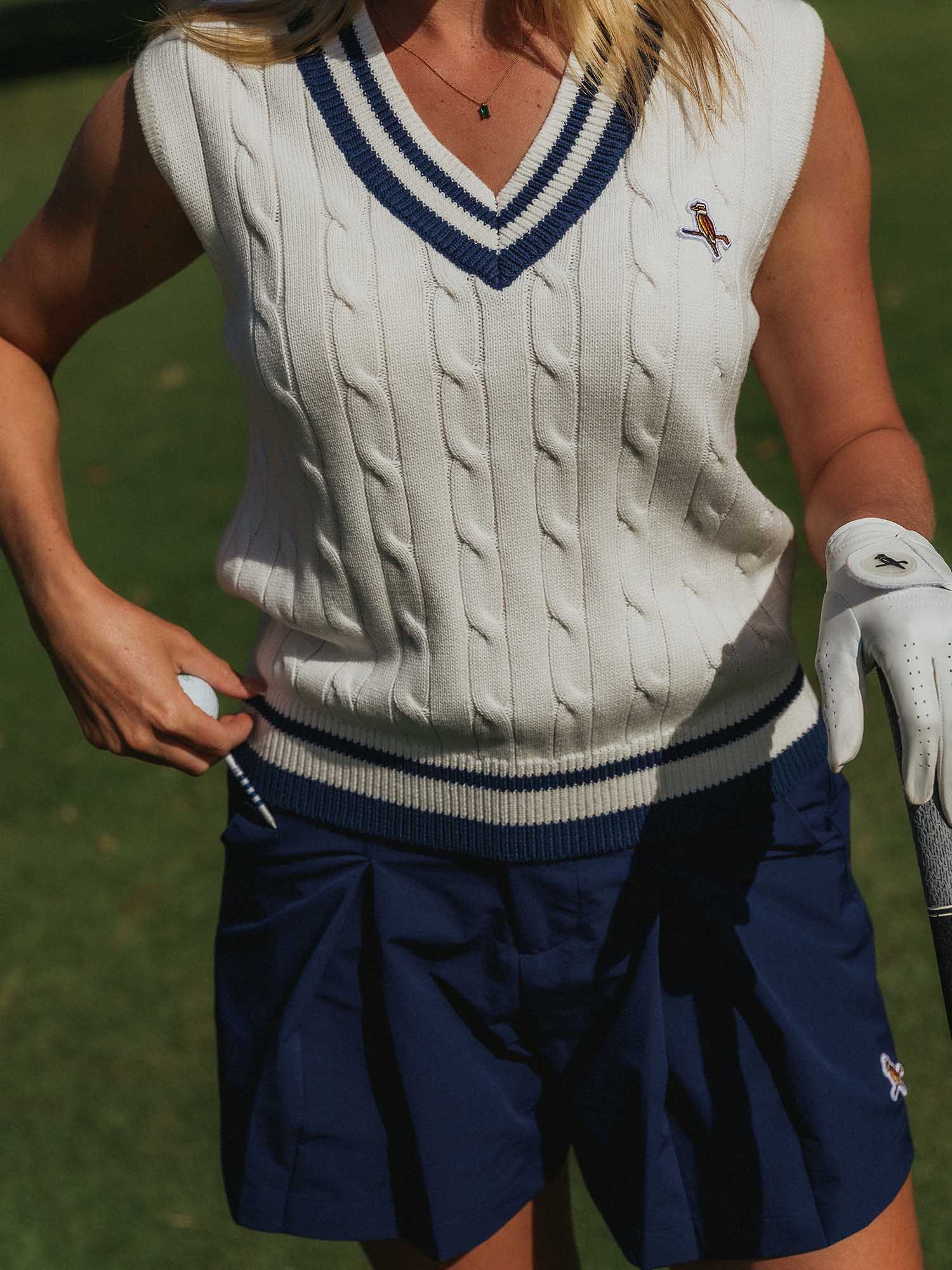 Womens Classic Cable Knit Vest Ecru / Navy