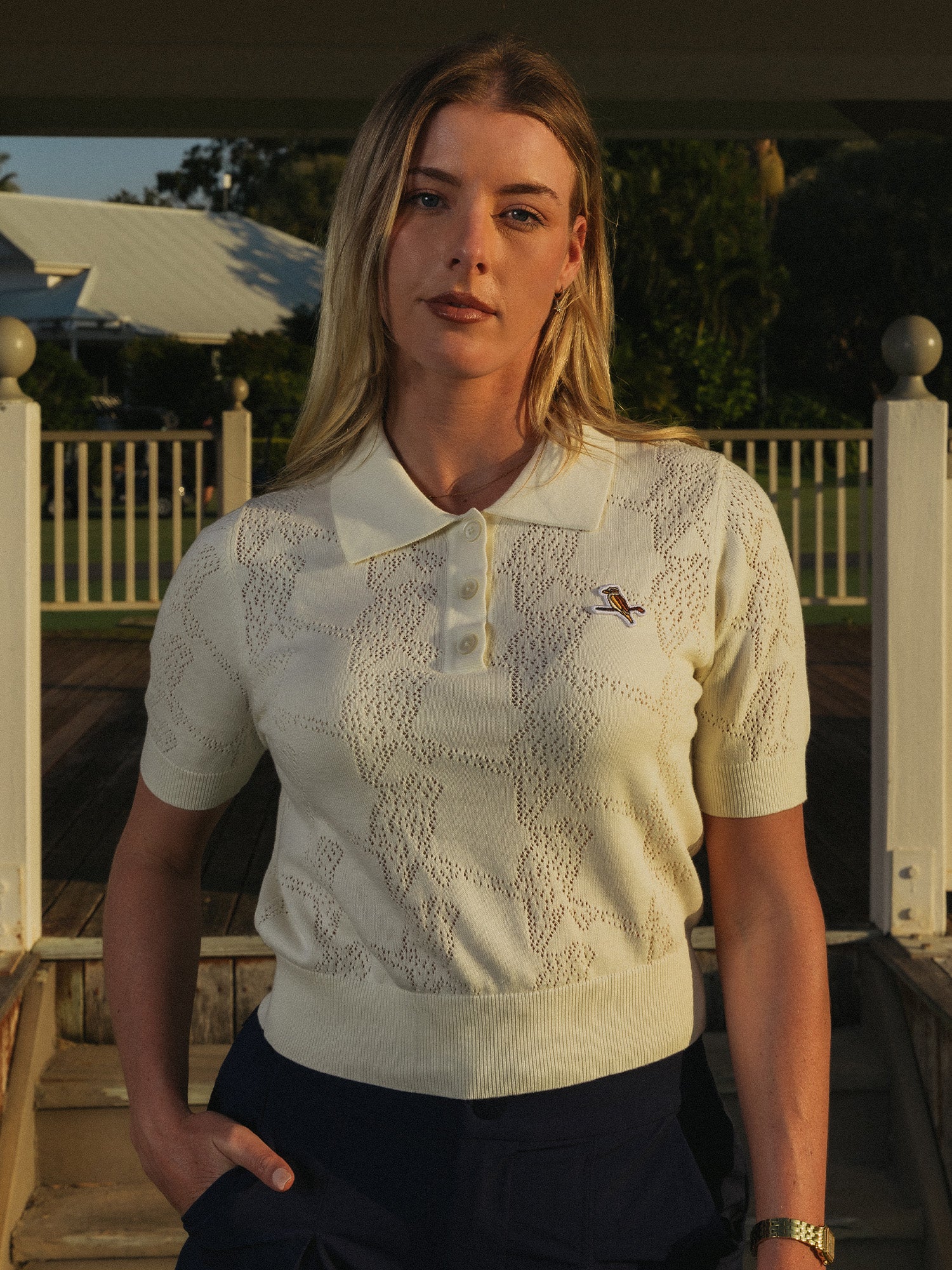 Womens Pointelle Knitted Polo Cream