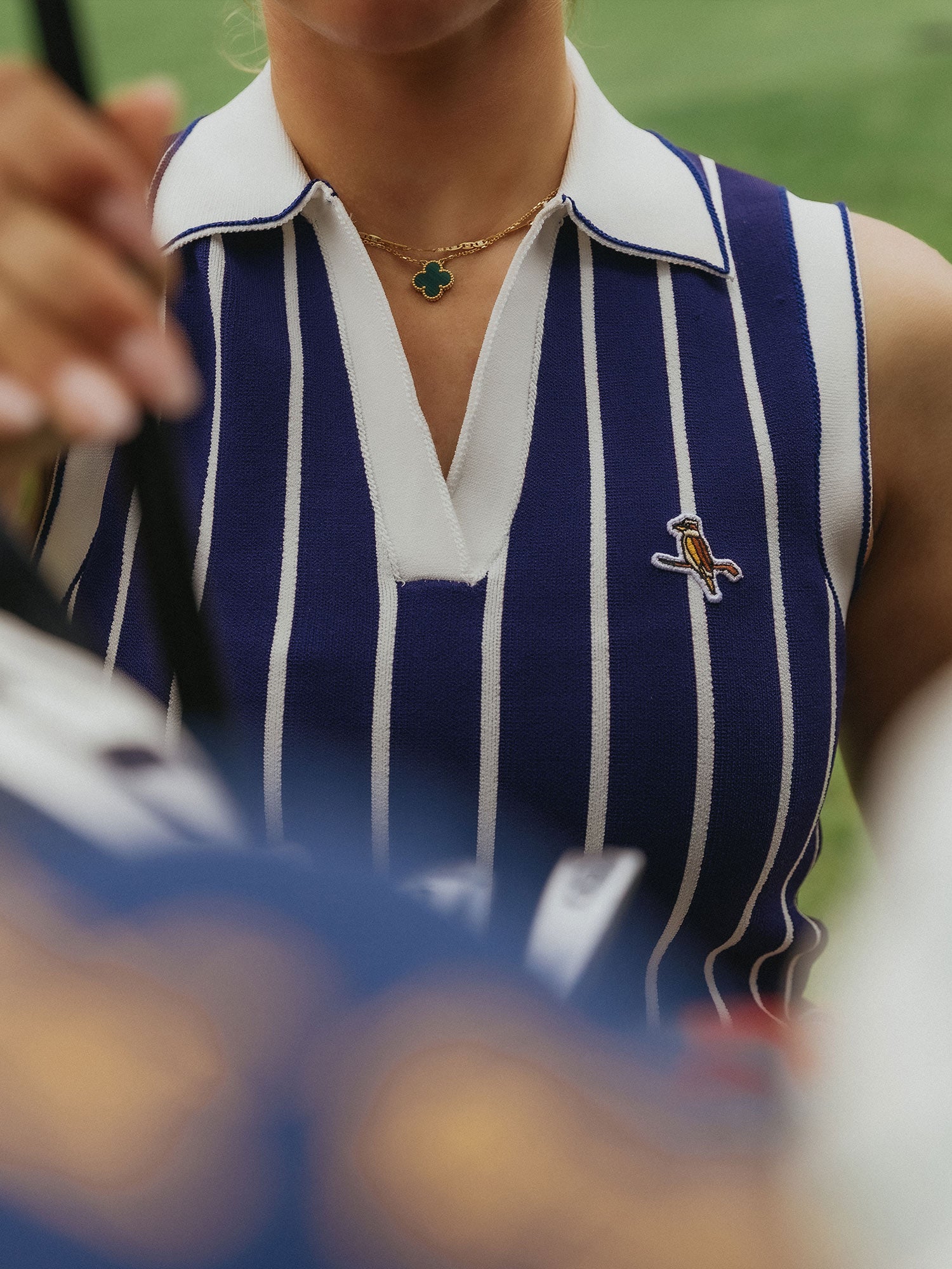 Womens Stripe Knit Polo Navy / White