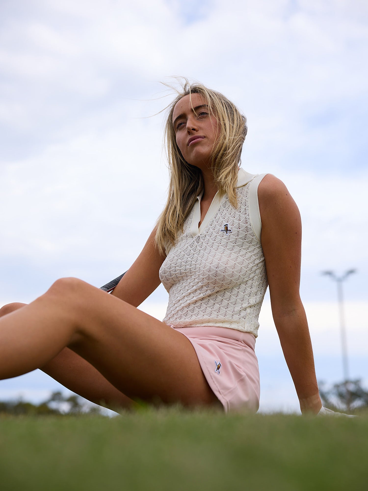 Womens Crochet Knit Polo Cream